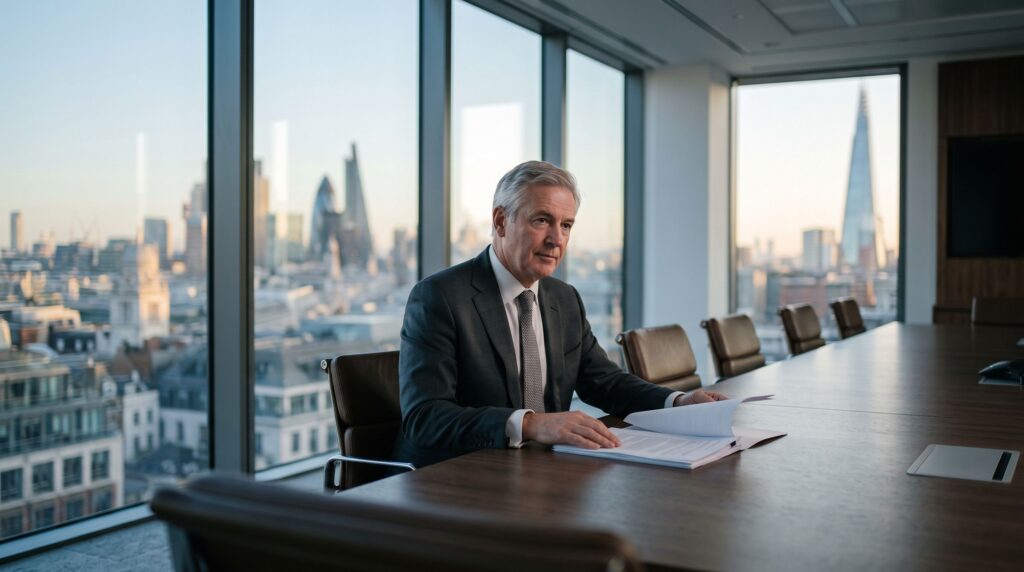 Senior executive reviewing documents in a boardroom